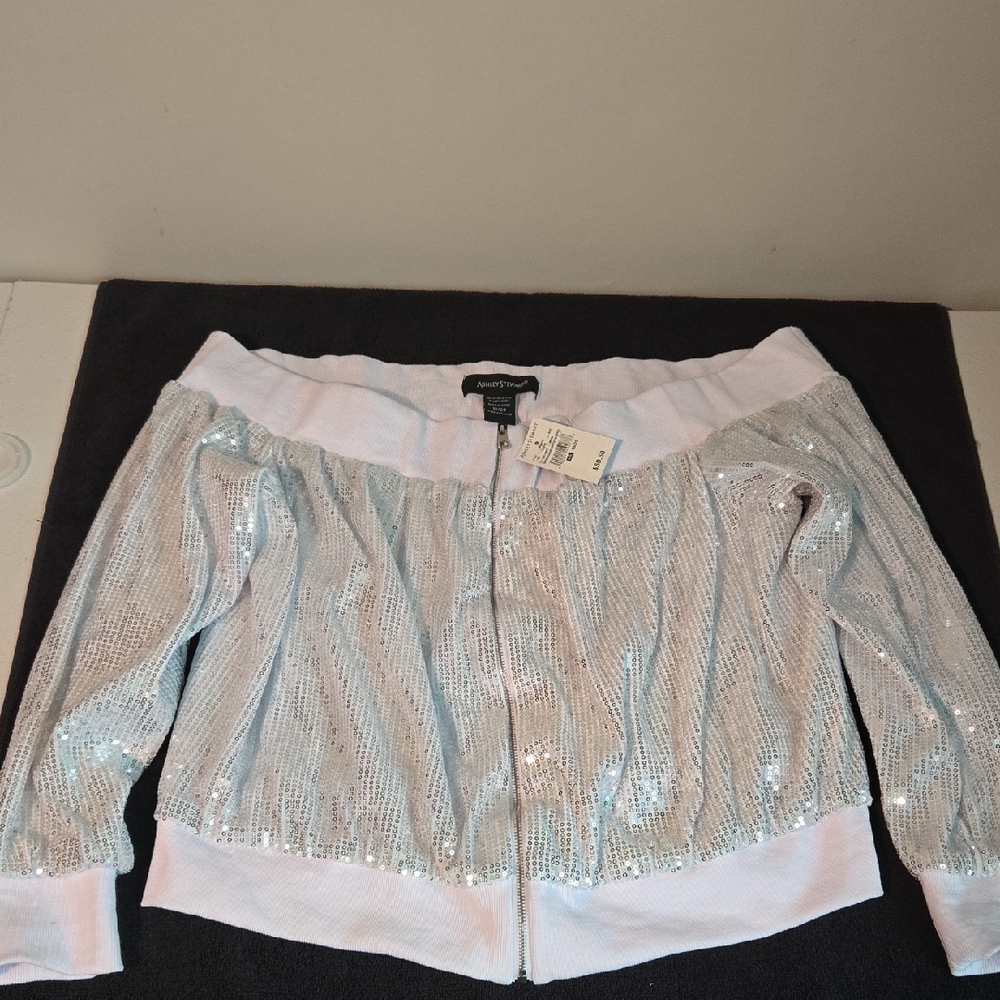 Ashley Stewart Shimmering Silver Off-Shoulder Hoodie